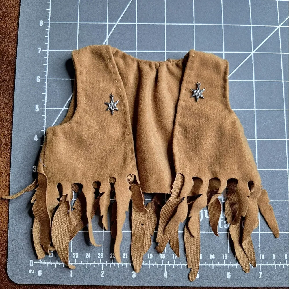 VTG Doll Western Fringe Vest Tan Faux Suede Silver Star Sheriff Cowgirl Outfit